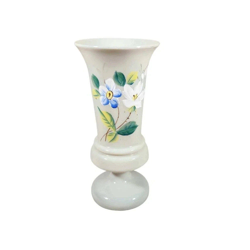 Vase White Floral Hand Painted Glass - Mid Century‎ Modern